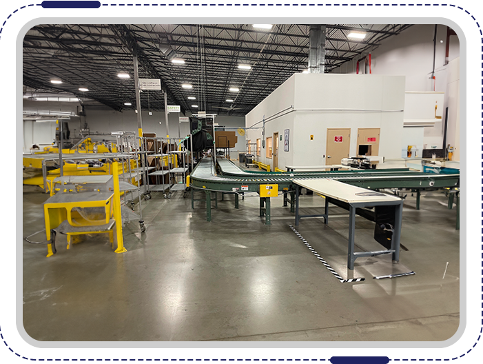 A warehouse with many conveyor belts and some tables.